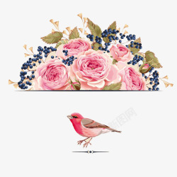 玫瑰庄园元素插画手绘玫瑰花鸟高清图片