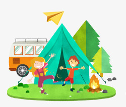 户外篝火暑期夏令营野外探险卡通插画高清图片