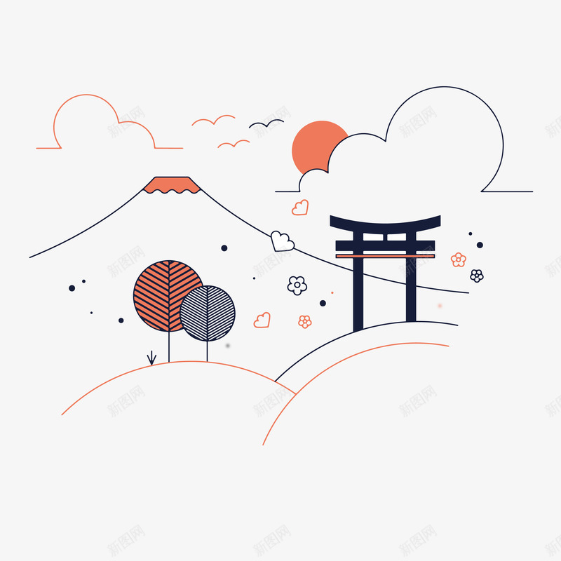 卡通线条风水画png免抠素材_88icon https://88icon.com 亭子 创意 卡通插画 太阳 山 山水画 扁平化 日本传统文化 时尚 绘画 艺术