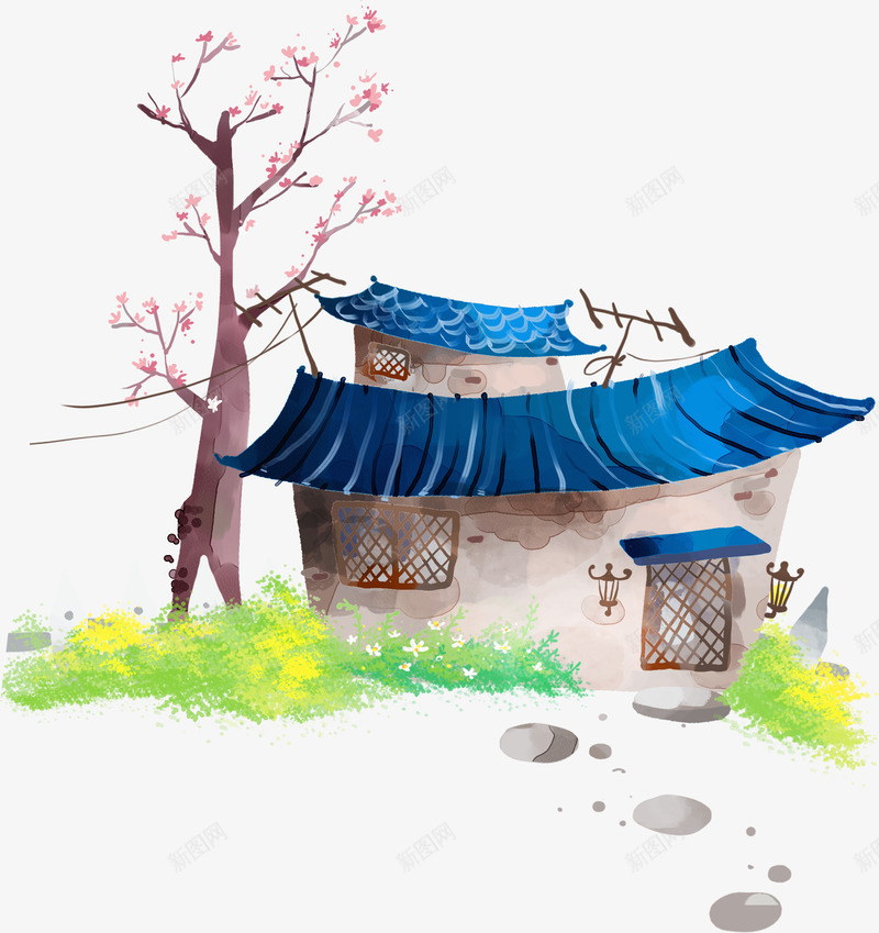 手绘蓝色房屋装饰png免抠素材_88icon https://88icon.com 房屋 蓝色 装饰