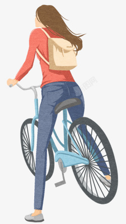 手绘人物装饰插图骑车踏青女孩背素材