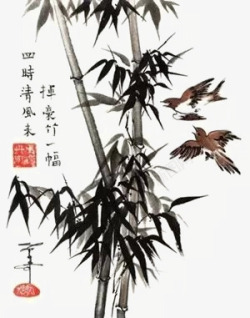 中国风竹子麻雀水墨画素材