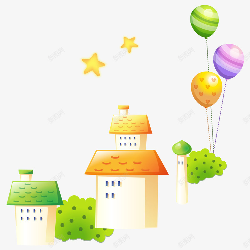 卡通气球房屋和星星png免抠素材_88icon https://88icon.com 五角星 卡通 房屋 星星 树木 植物 气球 简图