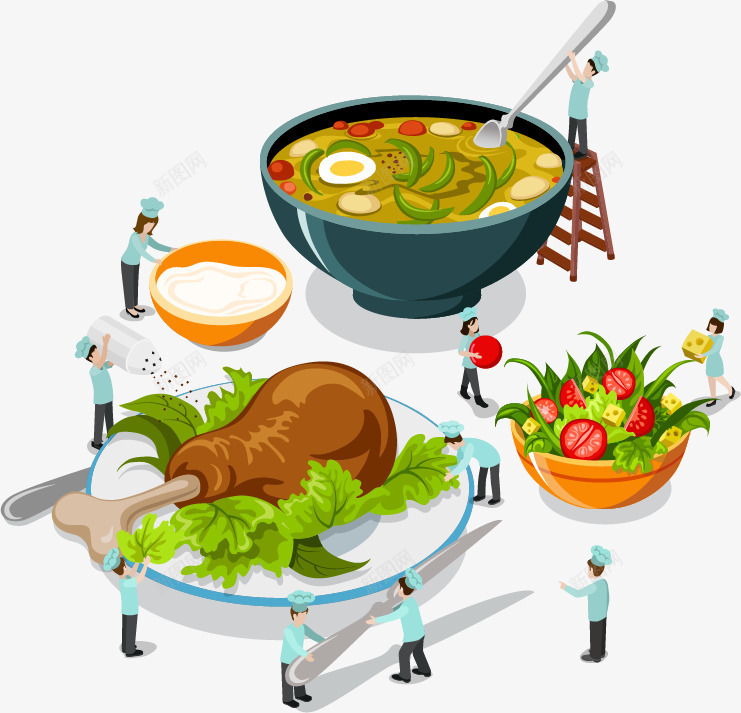 卡通美食插画矢量图ai免抠素材_88icon https://88icon.com 卡通美食 厨师 味增面 沙拉 鸡腿 矢量图