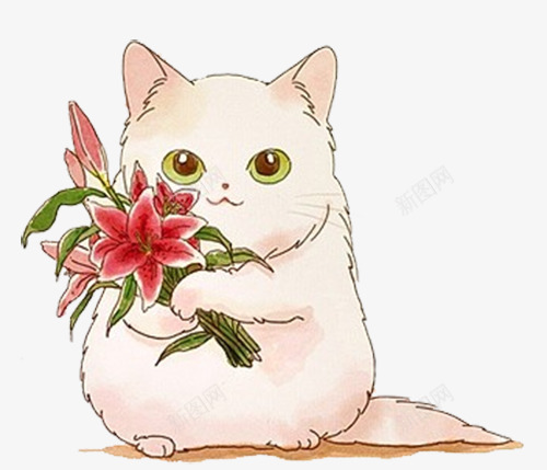 卡通线条小猫咪手捧鲜花png免抠素材_88icon https://88icon.com 卡通 小猫咪 手捧 线条 鲜花