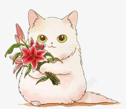 卡通线条小猫咪手捧鲜花素材