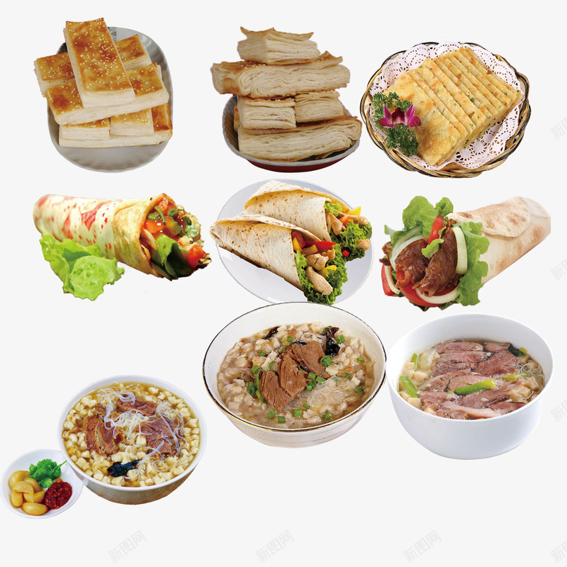 面食合集png免抠素材_88icon https://88icon.com 传统美食 口味 小吃拼盘 手卷饼 面条