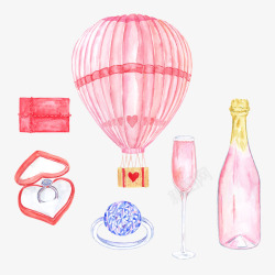 粉红热气球情人节手绘水彩节日元素高清图片