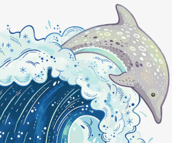 手绘装饰插画海洋生物海浪与海豚素材