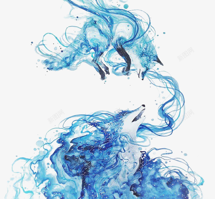 创意动物png免抠素材_88icon https://88icon.com 两匹狼 创意插画 动物 头狼 水彩 烟雾 绚丽 蓝色