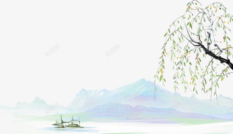 春季手绘水墨山水插画psd免抠素材_88icon https://88icon.com 叶子装饰 大自然景色 山水 手绘 春季 春色 树木装饰 植物装饰 花朵装饰