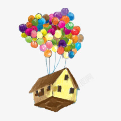 空中热气球手绘飞屋插画高清图片
