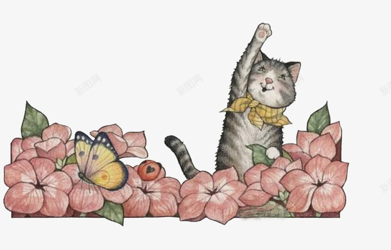在花草中玩耍的小猫咪png免抠素材_88icon https://88icon.com 猫爪 花朵 蝴蝶