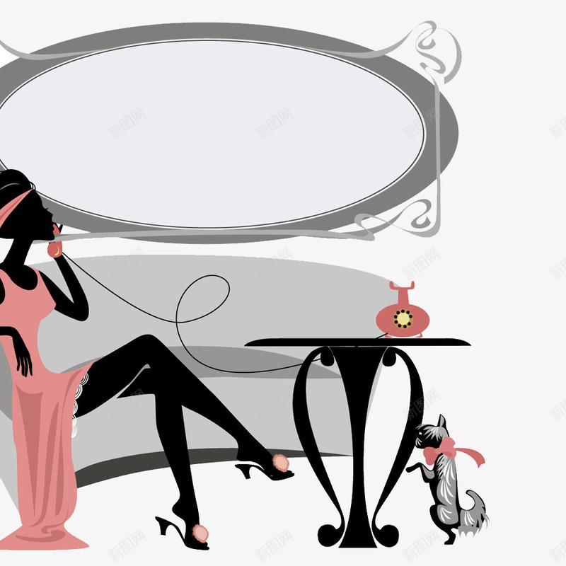 卡通时尚美女png免抠素材_88icon https://88icon.com 休闲 剪影 卡通 女人 小猫 手绘 时尚 桌子 电话 电话机 粉色裙子 美女 裙子 黑色