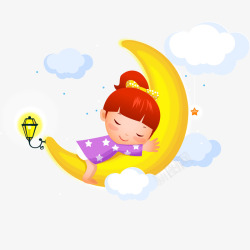 日系插画卡通在月亮上睡觉的孩子矢量图高清图片