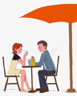 手绘人物插图咖啡馆伞下喝饮料的素材