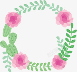 蔷薇花圈背景粉色蔷薇花仙人掌花藤圈高清图片