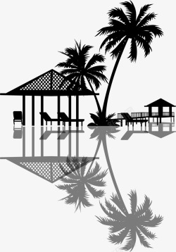 度假屋和椰子树倒影素材