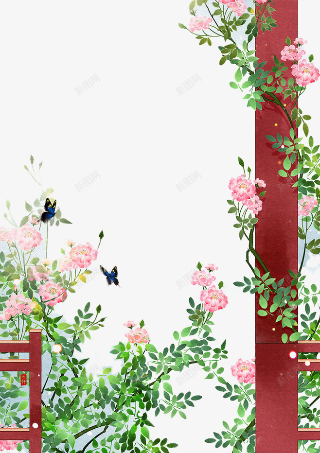 水彩画png免抠素材_88icon https://88icon.com 古典 庭院 插画 柱子 植物 背景元素 鲜花