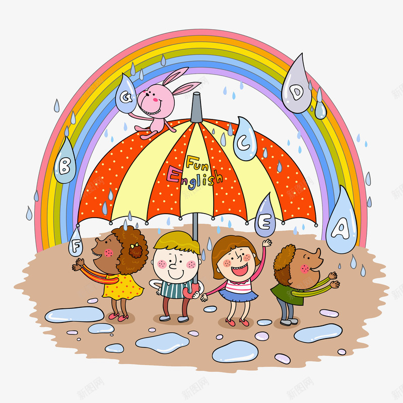 雨伞下的孩子png免抠素材_88icon https://88icon.com 儿童 兔子 卡通 小雨滴 彩虹 玩耍 雨伞 高兴地