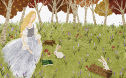 森林时的女孩和兔子素材