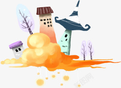 卡通橙色云朵房屋手绘人物素材