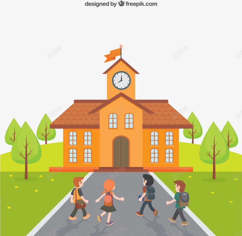 卡通返校学生插画png免抠素材_88icon https://88icon.com 云朵 学校 学生 插画 教学楼 教育 树木 校园 返校