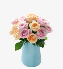 粉蓝色背景插满玫瑰的蓝色花瓶高清图片