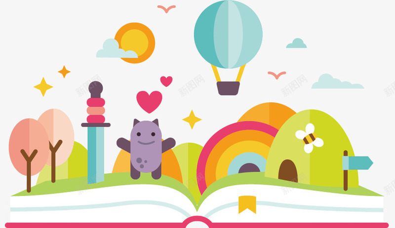 可爱卡通png免抠素材_88icon https://88icon.com 书 动物 卡通 彩色 彩虹 手绘 插图 热气球