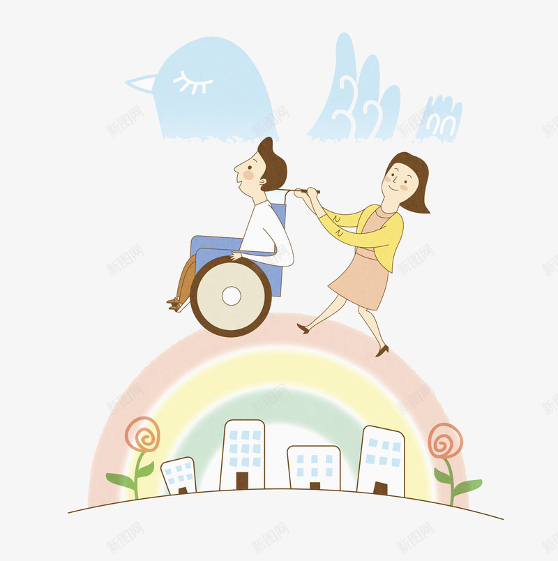 彩虹上的坐在轮椅上的人png免抠素材_88icon https://88icon.com 下身残疾 不能动 丧失运动 做轮椅 卡通 受伤 彩虹 照顾 疾病 瘫痪 起不来