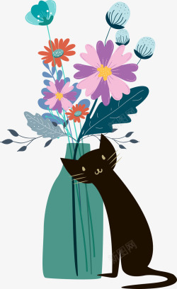 手绘清新黑猫花瓶装饰插画矢量图素材