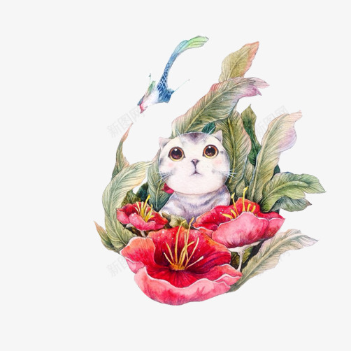 小猫花丛psd免抠素材_88icon https://88icon.com 可爱 捉迷藏 水彩画 猫 花丛