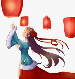 古风二次元少女元宵节放孔明灯祈福插画高清图片