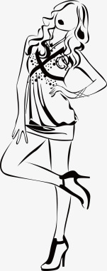 美女的服务员手绘线描时尚美女插画矢量图图标图标
