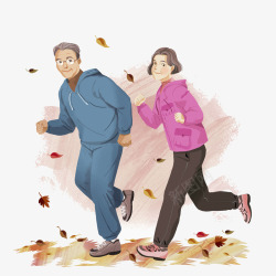 卡通手绘老年夫妇跑步插画素材