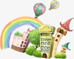 创意手绘建筑热气球彩虹素材