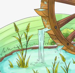 水稻插画手绘装饰插图小满节气水车水稻插高清图片