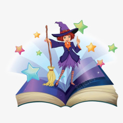 魔法扫帚卡通可爱的小女巫站在魔法书上高清图片