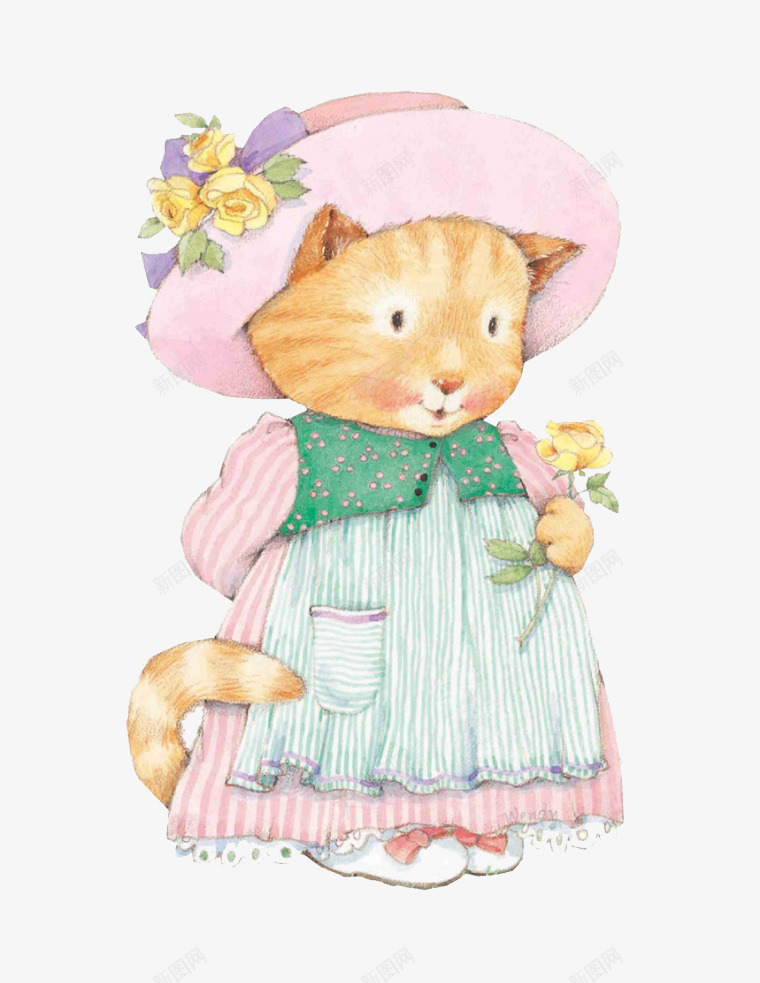 拿着小花的可爱小猫png免抠素材_88icon https://88icon.com 免抠 可爱 小猫 小花 帽子