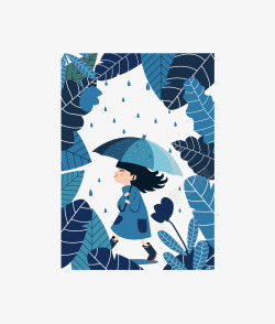 蓝色的雨伞树叶下的女孩矢量图高清图片