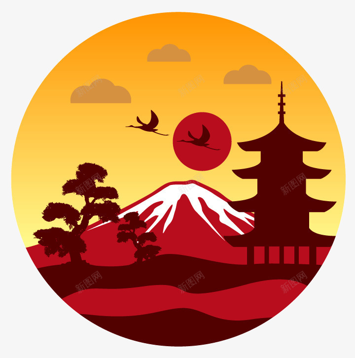 日本风景插画png免抠素材_88icon https://88icon.com 仙鹤松树塔富士山太阳风景插画 美丽的富士山