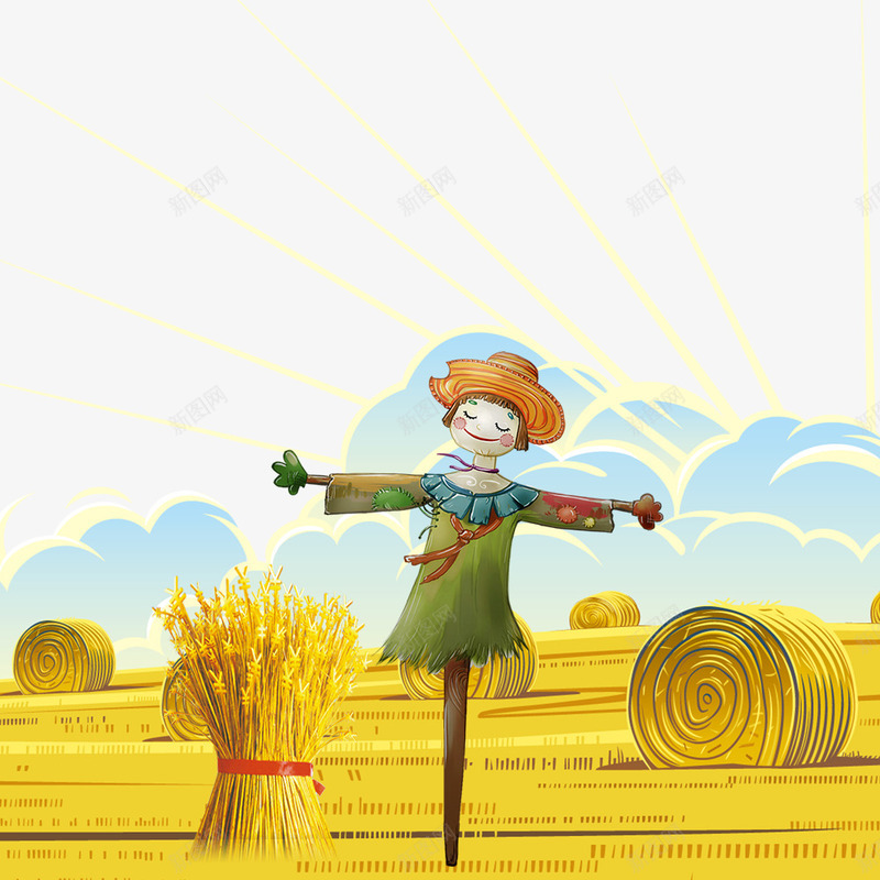 创意丰收的风景psd免抠素材_88icon https://88icon.com 丰收 创意插画设计 卡通 秋分 稻草人 风景设计