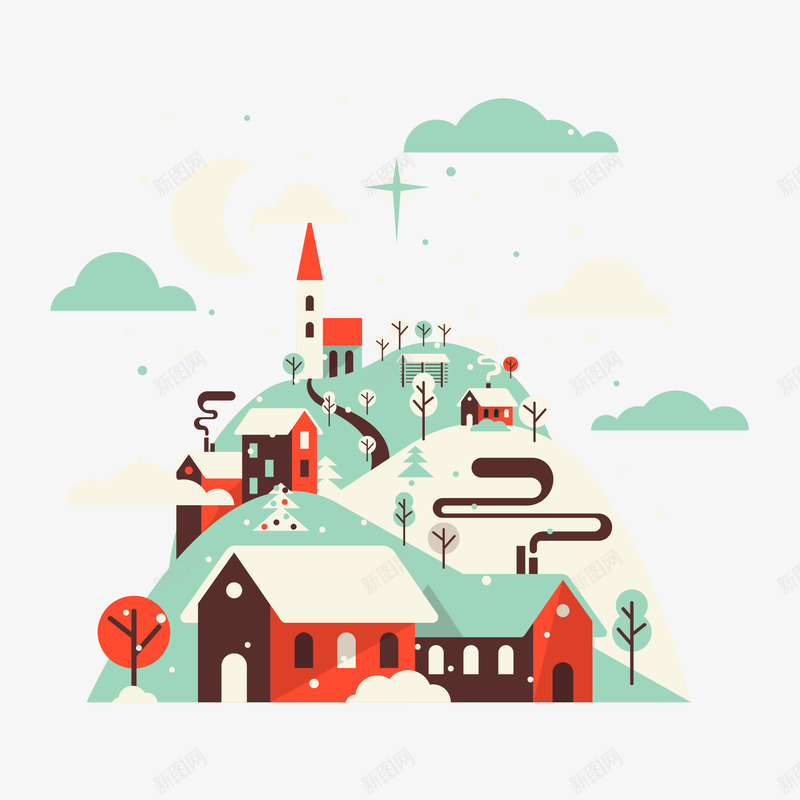 城市雪景插画矢量图ai免抠素材_88icon https://88icon.com 城堡 山 扁平 矢量图