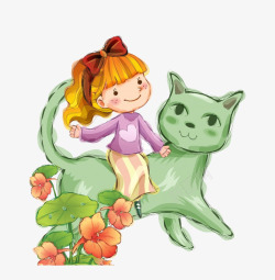 橘红色绿色猫咪和女孩高清图片