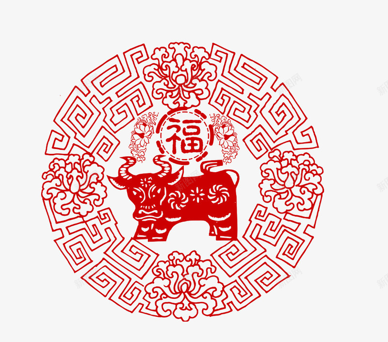 边框中的生肖牛png免抠素材_88icon https://88icon.com 剪纸 卡通 复古边框 牛 生肖 福字 红色 花朵