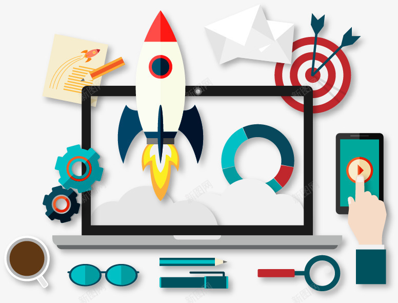 高效率办公插画png免抠素材_88icon https://88icon.com 火箭电脑齿轮箭靶智能手机咖啡效率办公商务云朵眼镜放大镜手臂 玩具箭靶