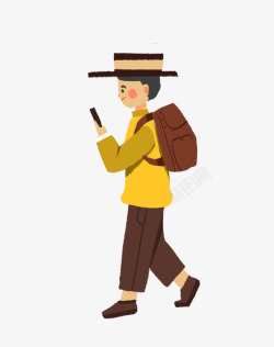 手绘背背包男子玩手机走路男子插画高清图片