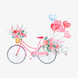水彩气球情人节粉色水彩气球脚踏车插画高清图片