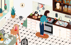 大学生交谈卡通插画妈妈在厨房做蛋糕高清图片