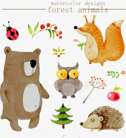 6款可爱水彩绘森林动物矢量图素材